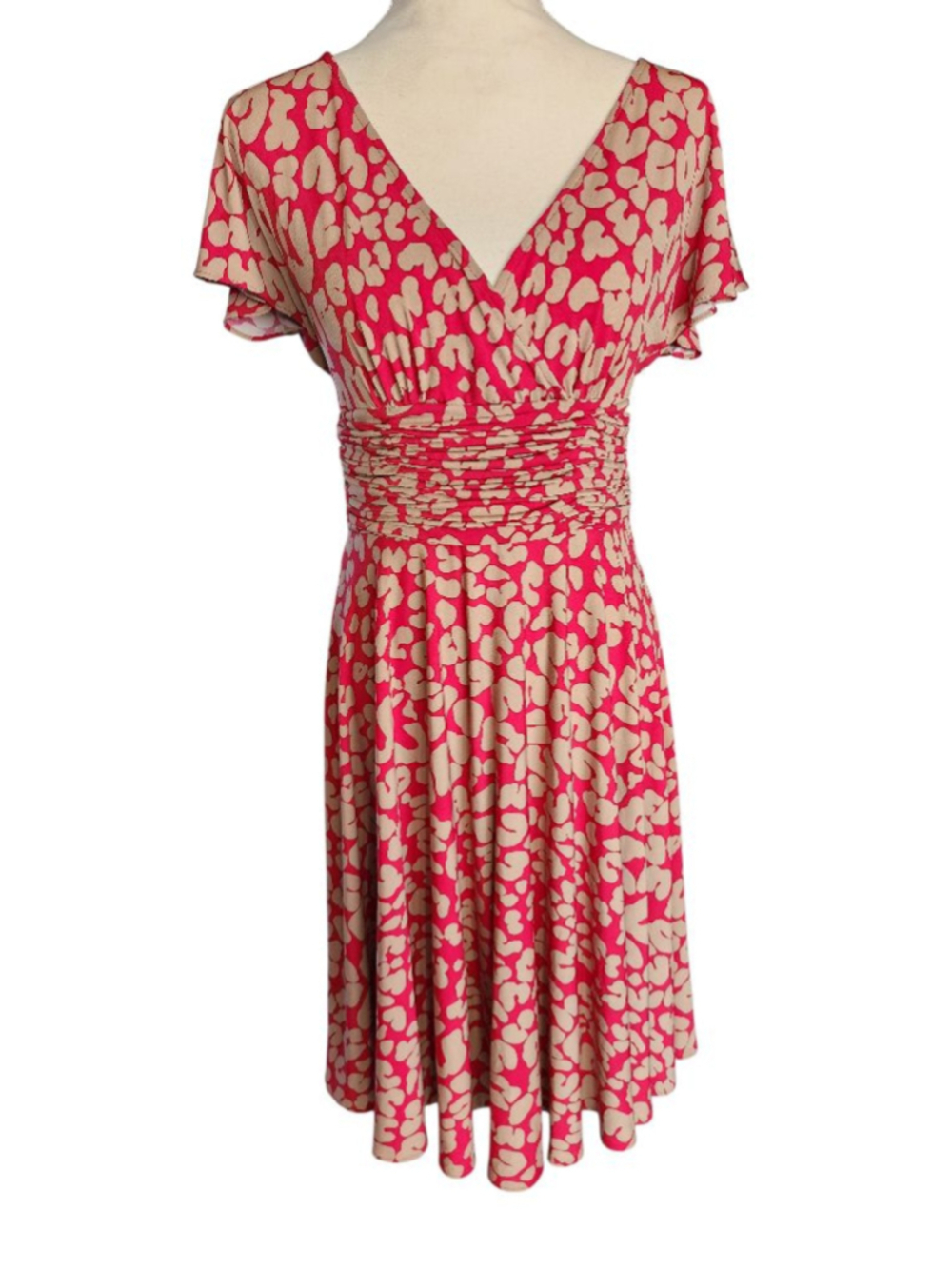 Chadwick's Collection Red Leopard V-Neck Ruched Waist Flutter Sleeve Dress 8 P